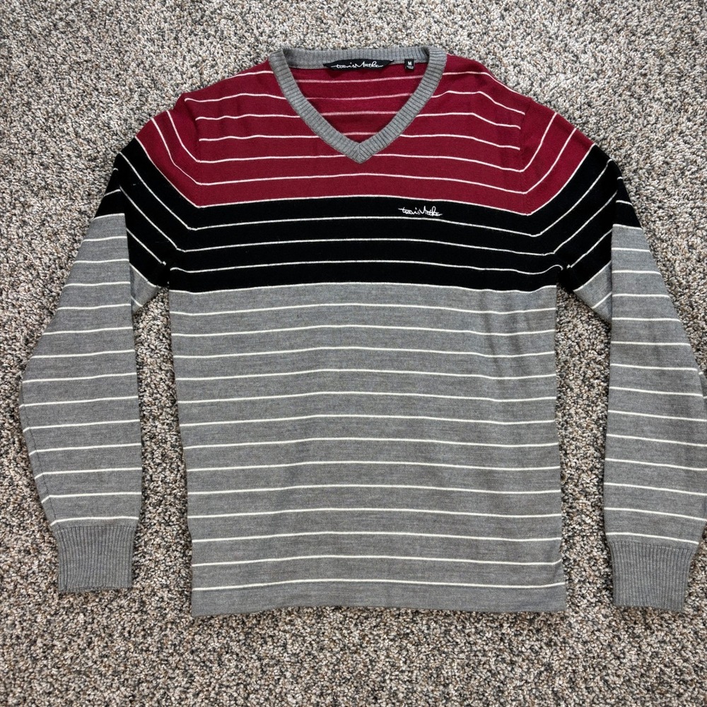 Travis Mathew Men M Merino Wool Blend V-Neck Striped Colorblock Sweater Grey Red